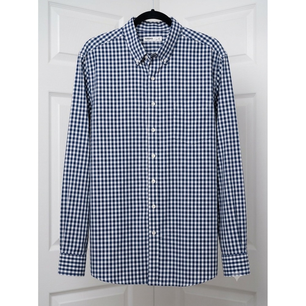 Sonoma Goods for Life Mens Slim Fit Gingham Button Down Shirt Navy Blue White XL